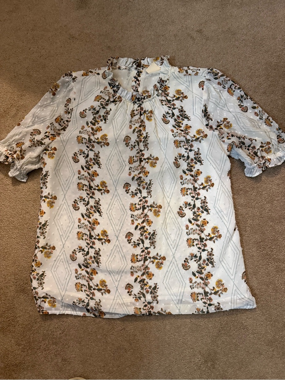 Matilda Jane Women’s Size Small White Floral Ruffle-Neck Blouse